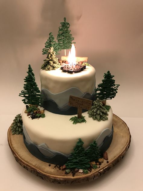 Camping Cake Ideas, Camping Treats, Camping Cake, Mountain Cake, Camping Cakes, Camping Theme Birthday, One Happy Camper, Tiered Cake, Forest Cake