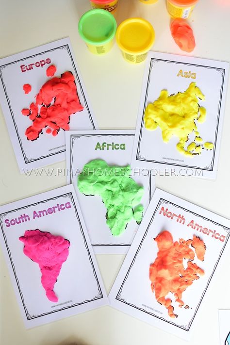 World Continents Activity Using Playdough Continents Activities, World Continents, Preschool Social Studies, Montessori Geography, Around The World Theme, Social Studies Lesson Plans, Geography Activities, Kindergarten Social Studies, Continents And Oceans