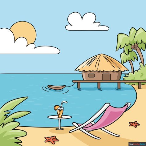 Learn How to Draw a Summer Vacation: Easy Step-by-Step Drawing Tutorial for Kids and Beginners. See the full tutorial at https://easydrawingguides.com/how-to-draw-a-summer-vacation/ . Summer Season Drawing, Vacation Drawing, Summer Arts And Crafts, Summer Drawings, Beach Drawing, Kids Vacation, Drawing Quotes, Drawing Tutorial Easy, Book Drawing