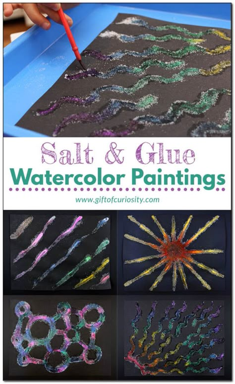 Salt and glue watercolor paintings - Gift of Curiosity Water Process Art Preschool, Process Art Painting, Glue Activity For Preschool, Preschool Glue Table, Watercolor Process Art, River Crafts Preschool, Sensory Art Preschool, Science Art Preschool, Process Art Elementary