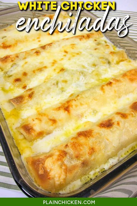 White Chicken Enchiladas - our favorite chicken enchilada recipe! SO creamy and delicious! No cream of anything soup! Tortillas stuffed with chicken and cheese and topped with a quick white sauce made with flour, butter, chicken broth, sour cream, and green chiles. Ready in about 30 minutes. We love these easy creamy white chicken enchiladas! #mexican #sourcream #chicken #enchiladas Chicken Enchiladas With Cream Cheese, The Best Chicken Enchiladas, Best Chicken Enchiladas, Best Enchiladas, Chicken Enchiladas Recipe, White Chicken Enchiladas, Enchilada Recipe, Enchiladas Recipe, Diner Recept