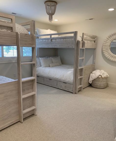 Guest Room Bunkbed, Bumpbeds Room Ideas, 4 People Bedroom, Bedroom Design With Bunk Bed, Airbnb Bunk Room Ideas, In Wall Bunk Beds, Cottage Bunk Room Ideas, 2 Sets Of Bunk Beds Room Ideas, Lake House Bunk Beds