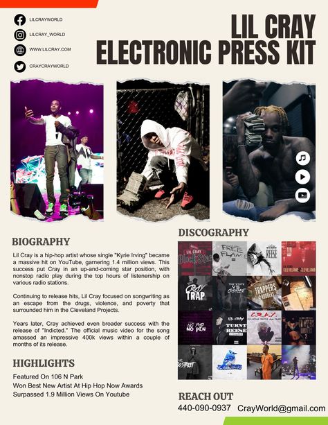 This 1-page electronic press kit template for bands, singers, and musicians is the perfect way to professionally introduce yourself to venues, festivals, press, and promotors ready to land the gig of your dreams! The media kit template for music artists includes an artist's bio, links to your music, photos, a summary of your past performances, and your contact details. You can input all of your own information, including your own photos, in this pre-made electronic press kit template. Electronic Press Kit Musicians, Epk Press Kit Music Template, Music Press Kit, Dj Press Kit, Press Kit Template, Electronic Press Kit, Press Kits, Blogging Seo, Media Kit Template