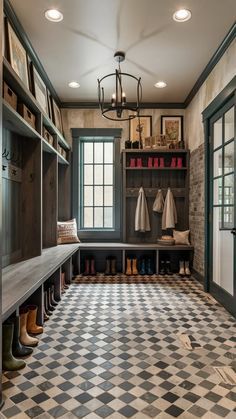 Victorian Mud Room Ideas, Outdoor Mudroom Back Door, Basement Mud Room Entryway, Mudroom Tile Floor Ideas Dark Grout, Black And White Mudroom Floor, Mudroom Locker Storage, Creative Mudroom Ideas, Mud Room Stairs, Building A Mudroom Addition