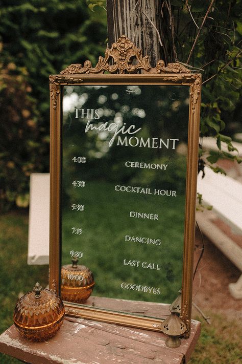 Head Table Wedding Decorations Outdoor, Garden Party Wedding Inspiration, Woodland Garden Wedding, Vintage Wedding Arch Ideas, Garden Party Signage, Mirrors At Weddings, Whimsical Wedding Welcome Sign, Garden Party Wedding Signage, Goodwill Wedding Decor