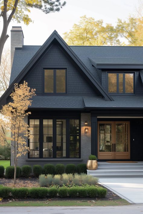 Dark Exterior House Colors, Dark Home Exterior, Dark Exterior House, Black Home Exterior, Modern House Colors, Best Exterior House Paint, Amazing Interiors, Gray House Exterior, Black Houses