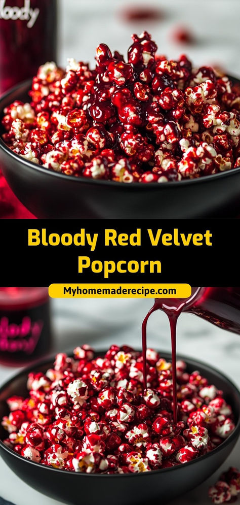 This bloody red velvet popcorn is sweet, spooky, and perfect for Halloween fall parties! The “bloody” red syrup gives it a chilling effect that’s sure to thrill.

Ingredients:

10 cups popped popcorn
½ cup red velvet chocolate melts
¼ cup red syrup (grenadine or red icing)
Make this bloody red velvet popcorn for a creepy, fun treat that’s ideal for spooky celebrations Michael Myers Food Ideas, Gothic Halloween Party Food, Halloween Style Food, Scary Movie Night Food, Horror Birthday Party Ideas Food, Horror Movie Themed Snacks, Vampire Appetizers, Vampire Dinner Party Food Ideas, Gothic Dinner Party Food