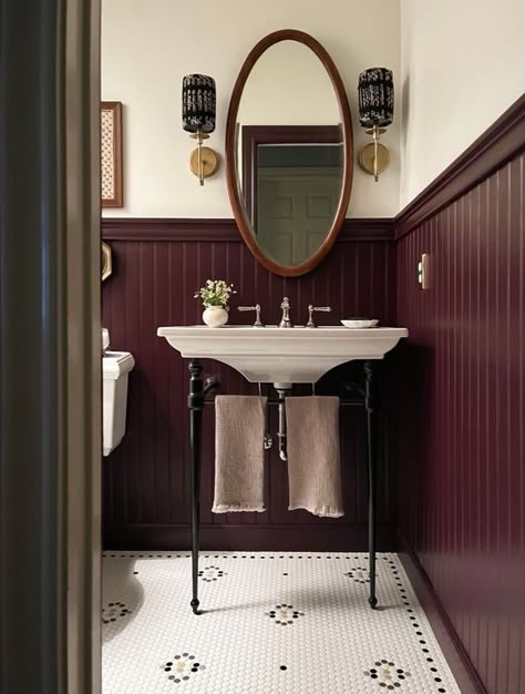 1920 Powder Room, Historical Bathroom Remodel, Blanc Marine Living Bathroom, Heidi Callier Design Bathroom, Unique Half Bathroom, Moody Scandinavian Bathroom, 1920s House Remodel, Southern Half Bath, 24in Bathroom Vanity Ideas