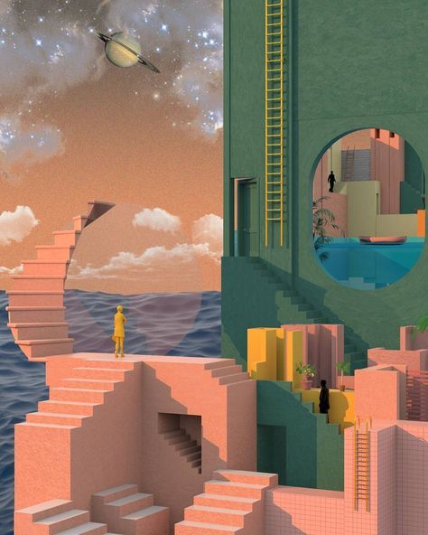 Surreal Illustrations Pushing The Boundaries Of Spatial Design – Fubiz Media Tishk Barzanji, Architecture Collage, Spatial Design, Architecture Illustration, Retro Futurism, Futurism, Surreal Art, On The Edge, Set Design