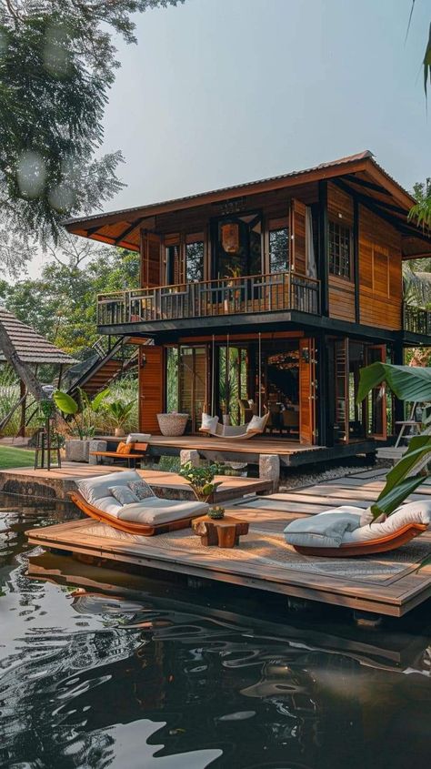 Thailand Retreat, Tropical Cottage, Wood House Design, Small Beach Houses, Tropical House Design, Interior Design Plan, House In Nature, Modern Tiny House, Tropical House