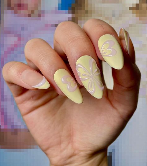 Curing...’s Instagram profile post: “@claracolettemiramon puffer inspired ft. kitty scratches using @gellyfit_usa @gellyfit PA04 custom pink @the_gelbottle_inc dune…” Yellow Butterfly Nails, Yellow Y2k, Yellow Nails Design, Nails Yellow, Butterfly Nails, Y2k Nails, Love And Co, Yellow Butterfly, Butterfly Nail