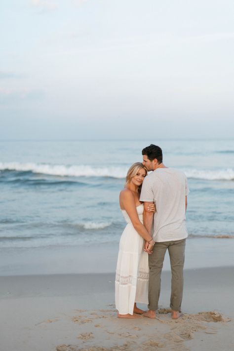 Karin + Cayden’s engagement photo session on the beach at sunset in New Jersey Cute Beach Engagement Photos, Couple Beach Shoot Ideas, Couple Photo Beach Ideas, Beach Wedding Couple Photos, Engagement Photo On Beach, Engagement Shoot On Beach, Engagement Pictures Poses Beach, Engagement Sunset Photos, Engagement Summer Photos