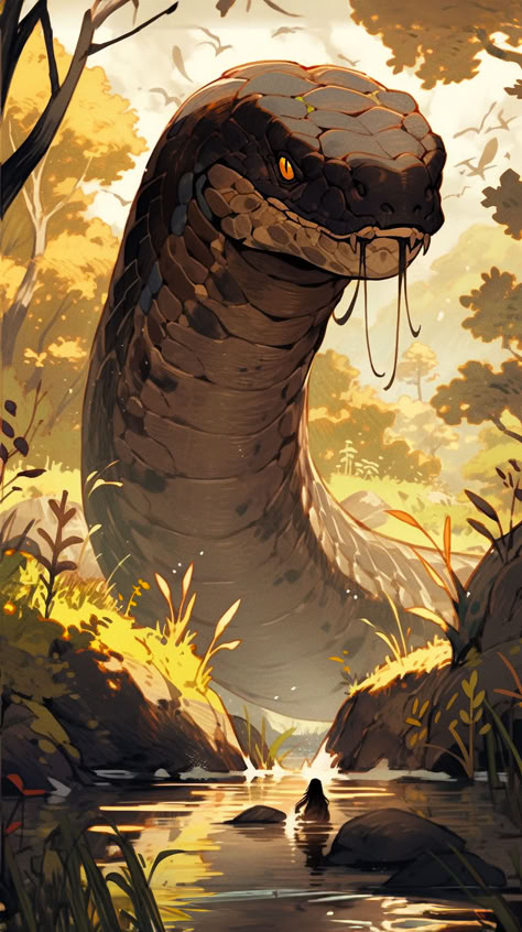 Jungle Monster Concept Art, Giant Animals Fantasy Art, Magic Animals Drawing, Giant Snake Fantasy Art, Serpent Concept Art, Giant Snake Art, Giant Snake Monster, Fantasy Serpent, Snake Creature