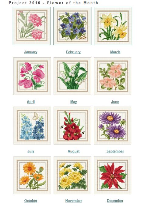 EMS Flower Calendar - Project 2010 (Flower of the Month): free patterns Cross Stitch Free, Unique Cross Stitch, Flower Of The Month, Cross Stitch Tutorial, Floral Cross Stitch Pattern, Nature Cross Stitch, Patterns Flowers, Cross Stitch Projects, Pola Kristik