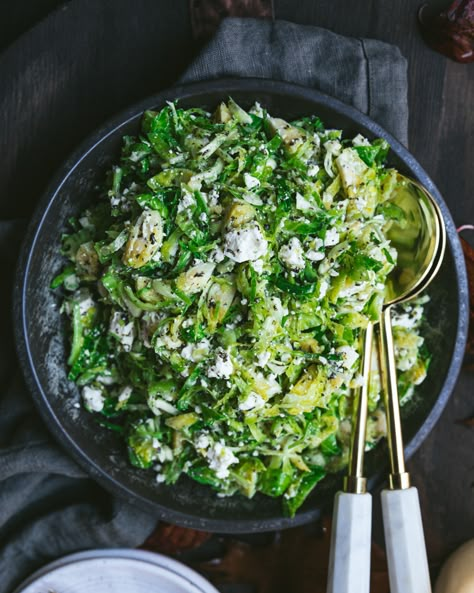 Shaved Brussel Sprout Salad with Feta and Mint - Cosette's Kitchen Lemon Garlic Dressing, Shaved Brussel Sprout Salad, Shaved Brussel Sprouts, Garlic Dressing, Sprout Salad, Salad With Feta, Shredded Brussel Sprouts, Mint Salad, Pizza Shop