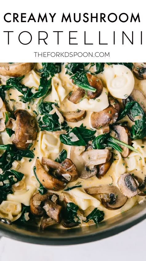 One-Pot Creamy Spinach Mushroom Tortellini is an easy and delicious meatless dinner bursting with tender spinach and juicy, perfectly cooked mushrooms. Ready in just 30 minutes, the whole family will love this comforting weeknight pasta recipe. Creamy Mushroom Tortellini, Mushroom Tortellini, Tortellini Recipe, Meatless Dishes, Spinach And Mushrooms, Pasta Food Recipes, Mushroom Spinach, Eggplant Lasagna, Tortellini Recipes