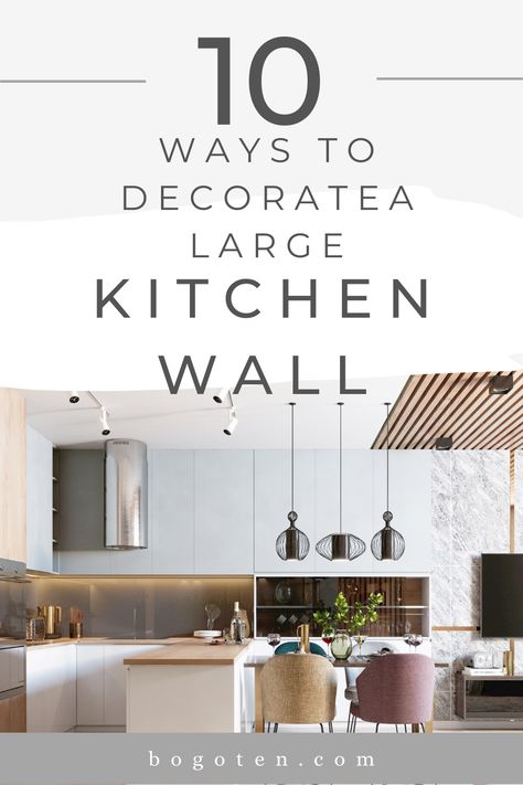 modern large kitchen with an island and a large kitchen wall that is empty Kitchen Bare Wall Ideas, Boring Kitchen Wall Ideas, Decorating A Large Kitchen Wall, Large Wall Kitchen Decor, Big Wall Kitchen Decor, Blank Walls In Kitchen, Large Wall Decor Kitchen Ideas, Plain Kitchen Wall Ideas, Kitchen With Uneven Walls