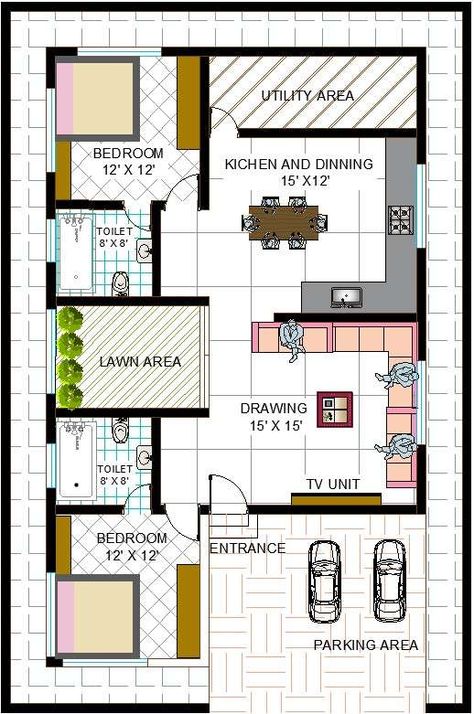 2D House Plan With Furniture Detail AutoCad drawing file shows that the total built-up area of the plan is 1500sqft. 2d House Plan, Home Map Design, 30x50 House Plans, Small House Blueprints, 20x40 House Plans, 30x40 House Plans, 2d Floor Plan, 2bhk House Plan, Indian House Plans