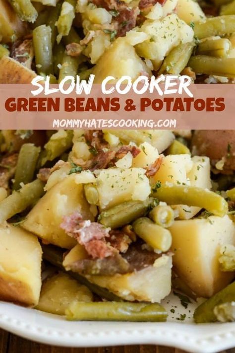 Make a great side dish in the Crock Pot or the Slow Cooker with these Slow Cooker Green Beans and Potatoes. These are similar to southern style green beans and potatoes, perfect to use with garden fresh produce. #SlowCooker #CrockPot #GlutenFree #GreenBeans Green Beans With Red Potatoes, Crockpot Green Beans And Potatoes With Bacon, Green Beans Potatoes And Bacon Crock Pot, Red Potatoes In Crockpot Slow Cooker, Ham Greenbeans Potatoes Crockpot, Ham Potato Green Bean Crock Pot, Greenbeans Bacon And Potatoes In Crockpot, Slow Cooker Ham And Potatoes, Green Beans And Potatoes Crockpot