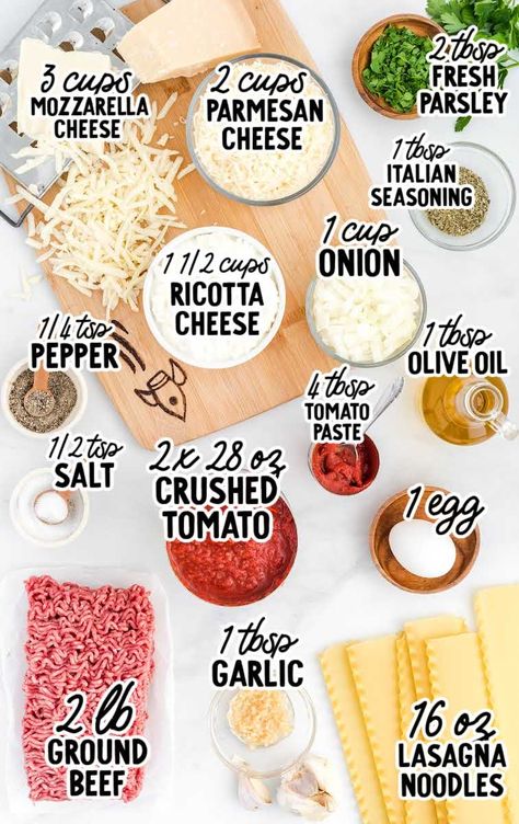 Lasagna raw ingredients that are labeled Quick Lasagna, Easy Homemade Lasagna, Homemade Lasagna Recipes, Cheesy Lasagna, Best Lasagna Recipe, Best Lasagna, How To Make Lasagna, Beef Lasagna, Lasagna Ingredients