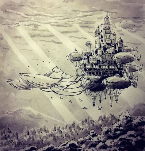 Kodama Tattoo, Floating City, Architecture Drawing Art, Cool Sketches, Ink Illustrations, Environment Concept Art, World Building, Ink Drawings, Sketchbook Art Inspiration