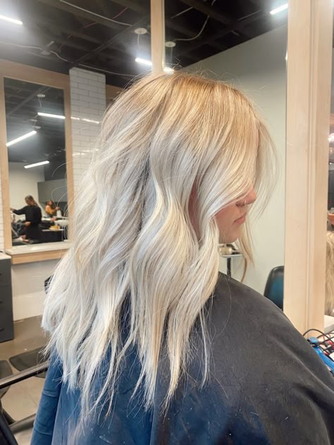 Level 10 Lightest Blonde Hair, Cute Haircuts Blonde Hair, Super Blonde Highlights On Blonde Hair, Light Blonde Hair Platinum, Bright Cool Blonde Hair, Icy Blonde Hair Inspiration, Really Blonde Hair Highlights, Super Blonde Medium Length Hair, Platinum Blonde Hair Dimension