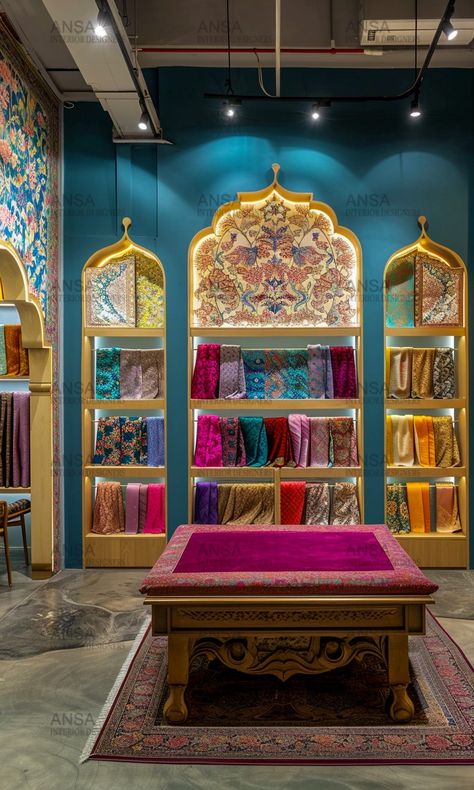 Designer Botique Interiors, Indian Botique Interiors, Boutique Door Design, Saree Store Interior Design, Botique Interiors Design Ideas, Saree Boutique Interior Design, Fabric Store Design Interior, Abaya Shop Interior Design, Saree Shop Interior