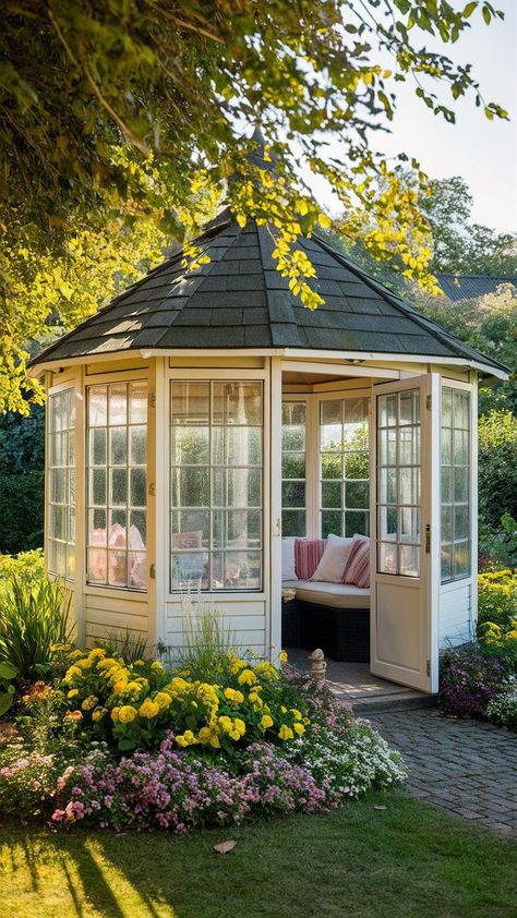 Home Gazebo, Backyard Inspo Gardens, Screened Gazebo Ideas Backyard, Enclosed Gazebo Ideas, Aesthetic Gazebo, Enclosed Garden Ideas, Aesthetic Backyards, Gazebo Decorating Ideas, Outdoor Gazebo Ideas