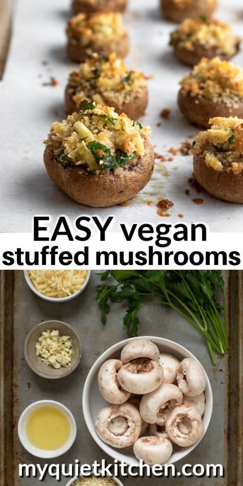 Vegan stuffed mushrooms are so easy, delicious, and perfect for parties. Tender mushroom caps are filled with a creamy, cheesy, gluten-free breadcrumb filling. All you need are 1 bowl, a baking sheet, and about 30 minutes to make a batch! Vegan Cookout Recipes, Vegan Cookout, Vegan Stuffed Mushrooms, Resep Vegan, Vegan Apps, Vegan Appetizers Recipes, Christmas Vegan, Stuffed Portobello, Vegan Appetizer