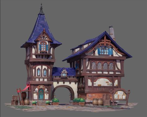 ArtStation - medieval house, Jeongwon Medieval Shop Concept Art, Fantasy House Concept, Tiny Glade, Theme Park Planning, Swiss House, Medieval Buildings, Medieval House, Apartment Exterior, Harbor House