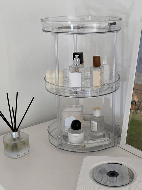 1pc Double Layer 360° Rotating Large Capacity Transparent Desktop Cosmetic Storage Rack | SHEIN EUQS Perfume Stand, Cosmetics Display Stand, Makeup Display, Countertop Storage, Cosmetic Display, Skincare Organization, Vanity Countertop, Makeup Bag Organization, Stuffed Animal Storage