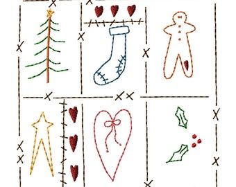 Prim Sampler | Etsy Christmas Redwork, Sampler Embroidery, Christmas Sampler, Primitive Embroidery, Primitive Stitchery, Christmas Embroidery Patterns, Embroidery Sampler, Embroidery Christmas, Free Motion Embroidery