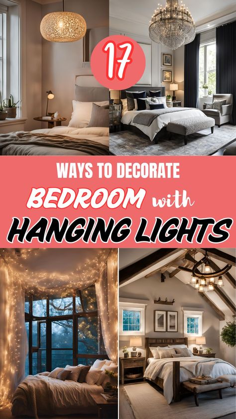 Stylish hanging lights ideas for a cozy bedroom, including pendant lights and fairy lights. Lights In Bedroom Ideas, Bedroom Lighting Ideas Hanging, Hanging Lights In Bedroom, Light Bulbs Hanging, Lights In Bedroom, Bedroom Hanging Lights, Pendant Lamp Bedroom, Hanging Bedroom Lights, Bedroom Accents