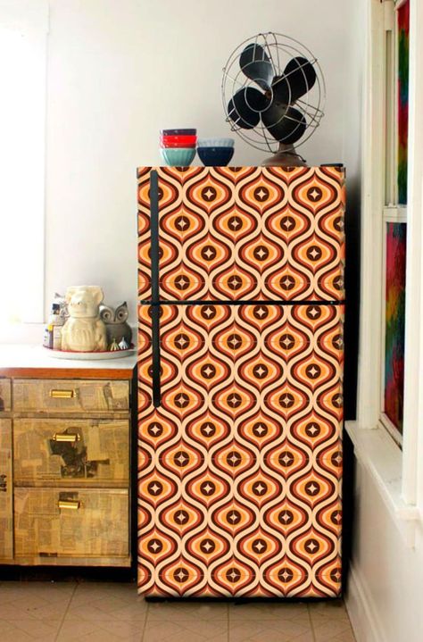 Wood Panel Fridge, Fridge Wrapping Ideas, Wrapped Fridge, Retro Dishwasher, Fridge Wallpaper, Wrap Fridge, Dishwasher Wrap, Fridge Decoration, Refrigerator Wrap