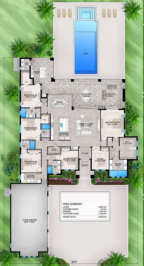 Coastal house plan with 5 bedrooms and 5.5 baths, 3800+ sq ft. #houseplan #coastalhouse . #Coastal_Home_Exterior #Dream_House_Layout #5_Bedroom_House_Plans #Two_Story_House_Design Beach House Blueprints, Mediterranean Floor Plans, U Shaped House Plans, Dream House Layout, Beach House Floor Plans, City Scenery, Florida House Plans, Two Story House Design, 5 Bedroom House Plans