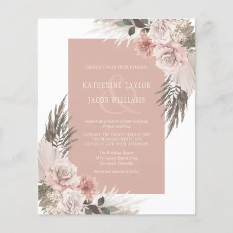 Budget Boho Floral Blush Pink Wedding Invitation Beige And Pink Wedding, Florals With Pampas, Dusty Rose Wedding Bouquet, Shades Of Champagne, Chic Modern Wedding, Earth Tone Wedding, Blush Pink Wedding Invitations, Pink Wedding Invitation, Pink Floral Wedding