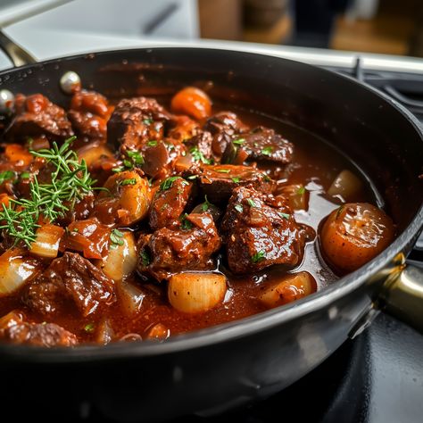 Beef Bourguignon, also known as Boeuf Bourguignon in French, is a classic dish that originated from the Burgundy region of France. It is a rich, hearty beef stew braised slowly ... Read more Beef Lambordi, Beouf Bourginon Julia Child, Recipes With No Dairy, Easy Beef Bourguignon, Braised Beef Recipes, Beef Burgundy, Hearty Beef Stew, New Years Dinner, Buttered Noodles