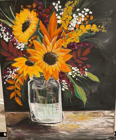 Sunflower Painting Ideas On Canvas, Sunflower Painting Ideas, Sunflower With Acrylic Paint, Sunflower Acrilyc Painting, Sunflower Paint Night, Big Sunflower Painting, Oil Paint Sunflower, Fall Sunflowers, Painting Ideas On Canvas