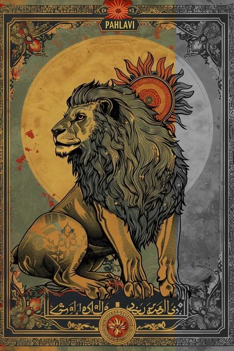 Full Color Image in ai-img-gen.com 🔸 Royal poster in the old style of the combined design of the lion and the sun symbol in the royal sty... 🔸 From Midjourney AI Image Ancient Lion Art, Ancient Poster, Lion Graphic Design, Persian Poster, Persian Lion, Lion Symbolism, Persian Aesthetic, Lion And Sun, Ancient Lion