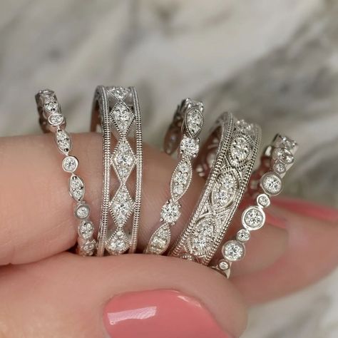 Ivy & Rose Fine Jewelry on Instagram: “Glitter stacks, perfect for mixing and matching ✨⁠ ⁠” Stacked Eternity Rings, Anniversary Rings For Her 10 Year, Anniversary Rings 25th, 10 Year Anniversary Ring, Ring Stacking Ideas Wedding Bands, Dreamy Rings, Diamond Wedding Bands Stackable, Platinum Diamond Wedding Band, Vintage Diamond Wedding Bands