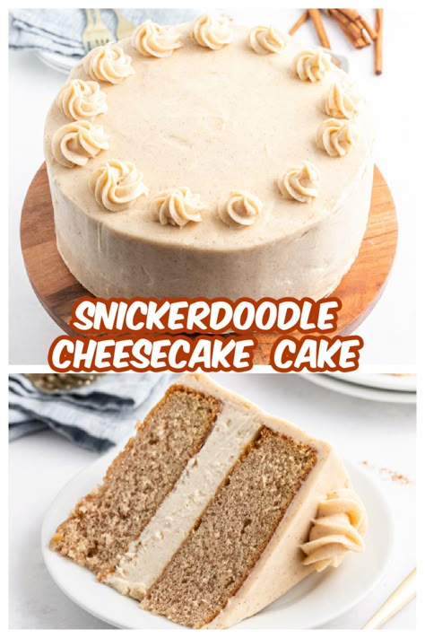 Cheesecake And Cake Recipes, Cheesecake Flavored Cake, Cake And Cheesecake Layered Cake, Two Layer Cake Recipes, Snickerdoodle Cookie Cake Recipe, Cake With Cheesecake Layer, Snickerdoodle Cake Recipe, Cheesecake Layer Cake, Cheesecake Birthday Cake