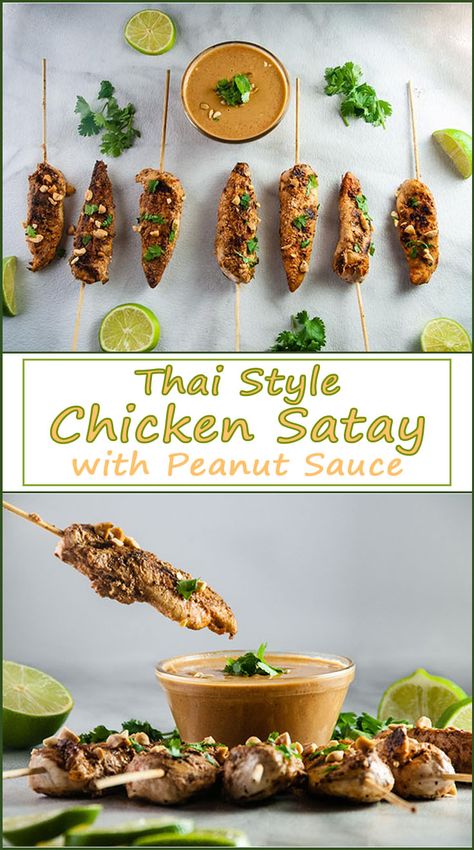 Thai Chicken Satay Skewers with Curry Peanut Dipping Sauce from www.SeasonedSprinkles.com Peanut Butter Dipping Sauce, Quick Party Appetizers, Chicken Satay With Peanut Sauce, Thai Chicken Satay, Chicken Satay Skewers, Chicken Satay Recipe, Satay Skewers, Easy Peanut Sauce, Satay Recipe