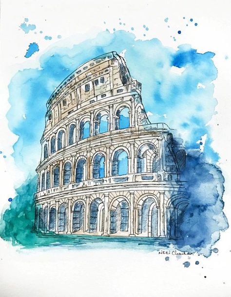 Girl Illustration Art, Cityscape Illustration, Rome Print, 심플한 그림, Colosseum Rome, Travel Art Print, Watercolor Architecture, Abstract City, Watercolor Paintings For Beginners