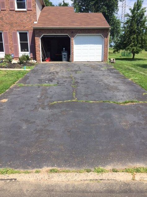 This was one of the most long overdue projects at our home. We’ve been talking about what a hot mess the driveway was for the last two and a half years. There w… Driveway Cracks, Driveway Resurfacing, Stepping Stone Walkways, Driveway Repair, Patio Privacy Screen, Asphalt Driveway, Cottagecore Living, Concrete Repair, Cozy Cottagecore