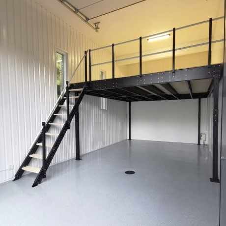 Large – Tecrostar Gallery Shed Mezzanine Ideas, Mezzanine Office Design, House With Mezzanine, Garage Loft Apartment, Loft House Ideas, Loft Apartment Interior, Shed Homes Ideas, Mezzanine Loft, Garage Home Office