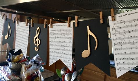 • graduation party ideas • graduation banners • black and gold • music themed party • pomp and circumstance flute sheet music banner • Music Party Decorations, Music Birthday Party, Music Theme Birthday, Jazz Party, Pomp And Circumstance, Music Themed Parties, Diy Music, Graduation Party Ideas, Flute Sheet Music