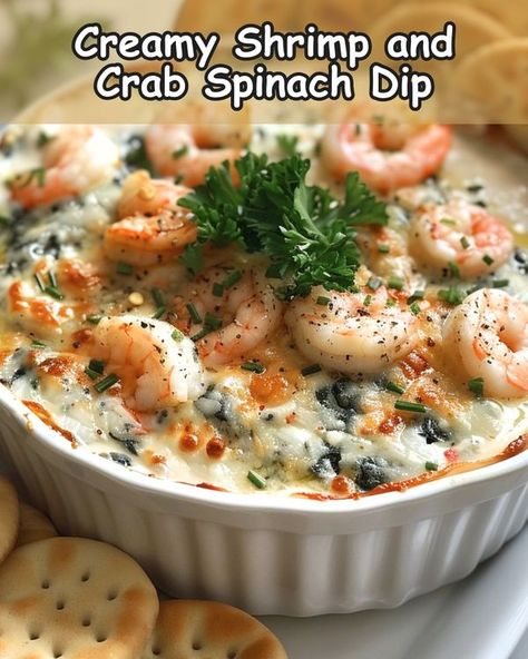 Yummy Food | Creamy Shrimp and Crab Spinach Dip | Facebook Shrimp Spinach Dip, Pick Up Desserts, Crab Spinach Dip, Cajun Crab, Shrimp Spinach, Seafood Dip, Spinach Artichoke Dip Recipe, Spinach Dip Recipe, Creamy Crab