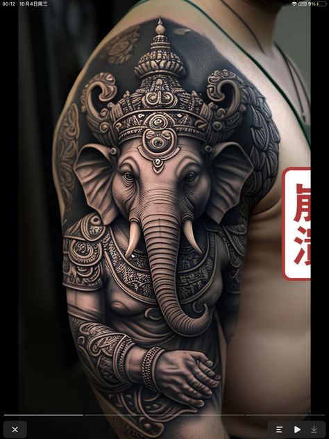 Ganesh Arm Tattoo, Shiva Ganesha Tattoo, Realistic Tattoos Men, Buhda Art Tattoo, Ganesha Tattoo Design For Men, Ganesha Tattoo Back, Ganesha Tattoo Mandala, Ganesh Tattoo Design, Ganesha Tattoo Sleeve