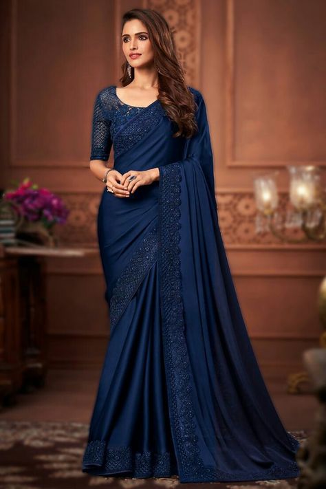 Dark Blue Saree Party Wear, Navy Blue Saree For Farewell, Navy Blue Saree Party Wear, Dark Colour Saree For Farewell, Blouse Designs For Georgette Sarees, Dark Color Saree, Royal Blue Saree Look, Dark Saree, Dark Blue Silk Saree