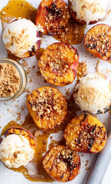 Maple Grilled Peaches & Almond Cookie Crumb - Cafe Delites Grilled Peach Dessert, Ostara Aesthetic, Peach Dessert, Almond Cookie, Cafe Delites, Grilled Fruit, Peach Desserts, Grilled Peaches, Peach Recipe